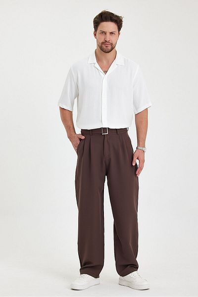 Gray Clothing Summer Pleated Baggy Fit Pocket Belt Buckle Men's Fabric Trousers Brown