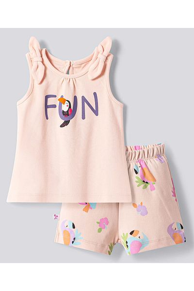 Bonfino Bonfino Cotton Knit Sleeveless Top & Shorts Set with Birds Print & Bow Applique - Light Pink