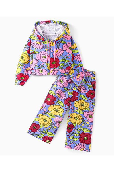 Ollington St. Ollington St. Cotton Knit Full Sleeves Floral ed Hoodie & Loose Track Pants/ Co-ord Set-Multicolor
