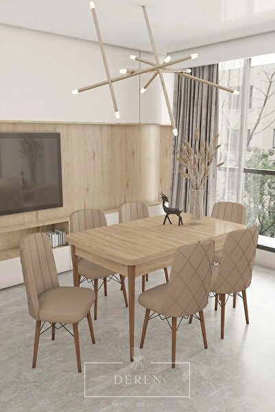 DEREN HOME Astera Serisi Açılabilir Masa 6 Adet Kapiçino Baby Face Kumaş Mutf...