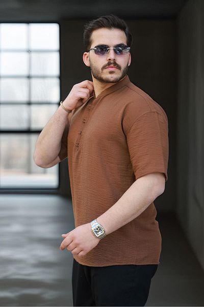Valiberta Oversize Half Placket Bamboo Short Sleeve Shirt - Brown