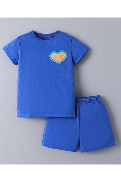 SAPS SAPS 100% Cotton Heart Applique Short Sleeves T-Shirt & Shorts Co-ord Set - Blue