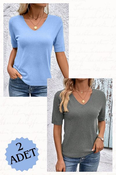 AQE FASHION 2 Pieces Lycra V-Neck Stretchy Short Sleeve Knitwear Blouse Baby Blue-Grey