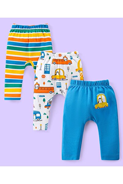 Babyhug Babyhug Interlock Knit Full Length Diaper Leggings Vehicle & Animals Print Pack of 3 - Blue & White
