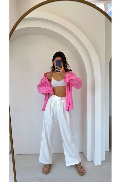 Askı Nişantaşı Pantaloni Palazzo din in, cu cusături cu velcro în talie