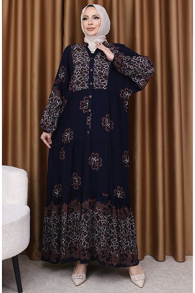 sefamerve Φόρεμα με σχέδια Leopard Garnish 5576-03 Navy Blue