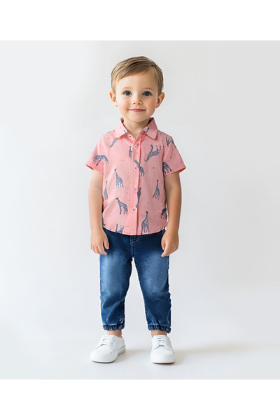 Bonfino Bonfino Cotton Shirt with Giraffe Print - Pink