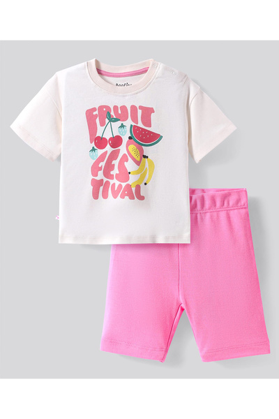 Bonfino Bonfino 100% Cotton Knit Half Drop Shoulder Sleeves Oversized T-Shirt&Shorts Set Fruits -Ivory&Pink