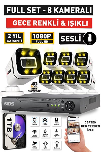 IDS SESLİ - 8 KAMERALI FULLHD GECE RENKLİ VE IŞIKLI GÜVENLİK KAMERASI - KAMERA SETİ 1TB DİSK