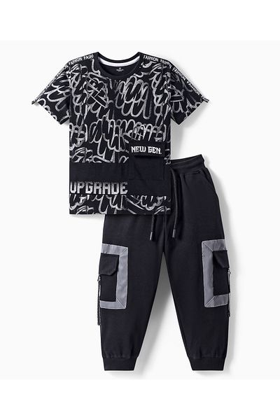 Ollington St. Ollington St. Cotton Knit Half Sleeves T-Shirt with Joggers Set With Text Print - Black