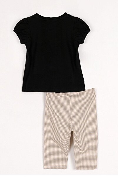 zepkids Short Sleeve Floral Embroidered Beige Color Girls' Tights Suit with Colorful Ribbon Detail