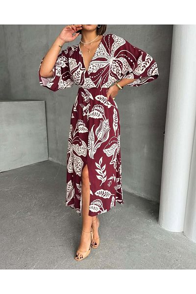 BE CHİC Rochie midi lungă de zi cu zi pentru femei, cu decolteu dublu, cu imprimeu floral, cu talie elastică SG1001-1