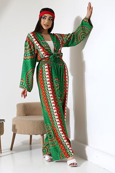 forte bella Ethnic Pattern Trend Maxi Kimono Pants Set
