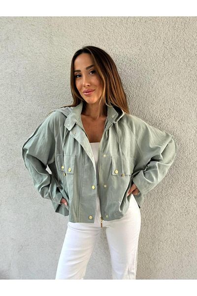 Maldia Shop Women's Hooded Oversize Bomber Green Trench Coat