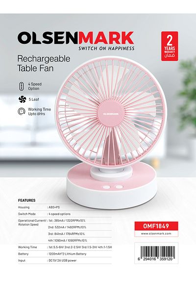 Olsenmark Rechargeable Table Fan- Omf1849 High Performance Fan