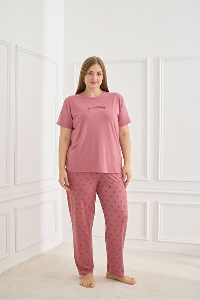 Burcumay Pink & Cherry Patterned Short Sleeve Women's Pajamas Large Size Fitting and Textureless Milan Fabric