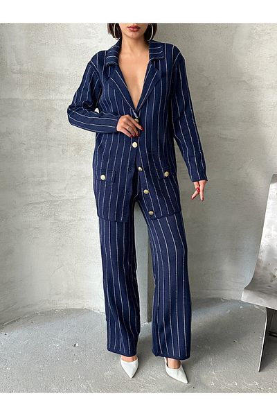 ÇEÇİM Women's Gold Buttoned Jacket and Pantalon Stripe Hijab Bottom Top Set Zyn-58767