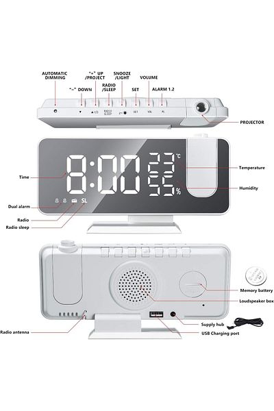 COOYA Alarm Clock, 180 Rotable Projector LED Digital with Temperature Display, Dual Alarms, Snooze