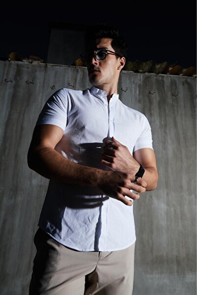 jack carisma Κοντό μανίκι Judge Collar 100% βαμβακερό λινό υφή Πουκάμισο με λεπτή εφαρμογή