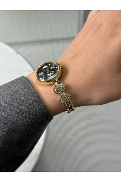 RoseandRoses Fresya Bow Stone Cord Round Case Women's Wristwatch Gold (Black Dial)