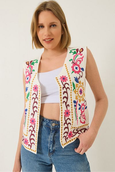 Bianco Lucci Women's Ethnic Embroidery Detailed Linen Vest 314 60283217