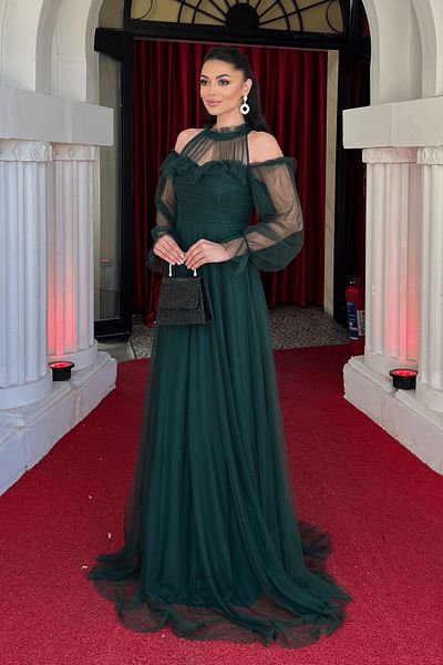 giyimmasalı Rochie de design detaliată din țesătură din tul - VERDE SMARALD