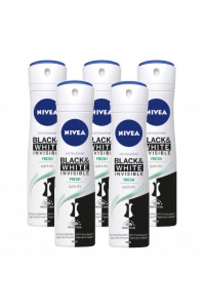 NIVEA Black & White Invisible Fresh, antiperspirant spray women, 48h protection, 5x150 ml