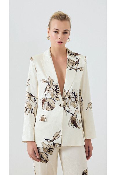 yakestore Floral Patterned Jacquard Fabric Jacket Pants Set