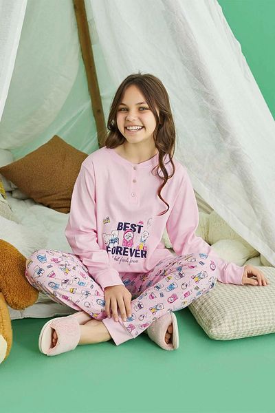 Aydoğan Girl's Pajama Set 100% Cotton Interlock Fabric Comfortable Sleeping Set