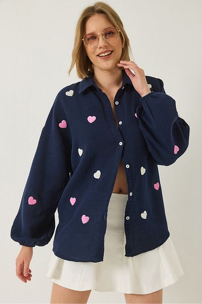 Bianco Lucci Women's Süzene Heart Embroidered Oversize Muslin Shirt 2036 60283052