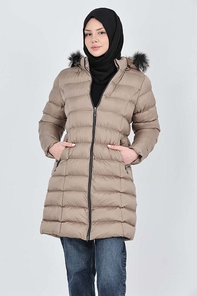 S&V TEKSTİL Women's Cream Hijab Inflatable Coat Coat
