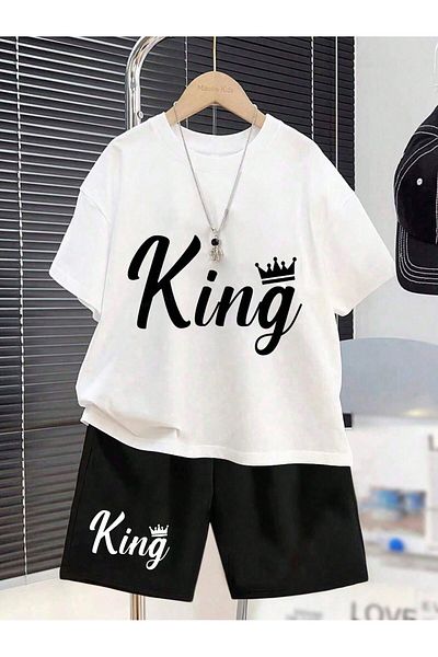 PENTHİLUS Simple Design "King" Printed Short Sleeve T-Shirt and Shorts Set for Toddler