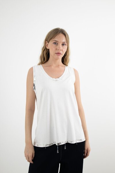 Butik Suat Yakası Gümüş Baskılı Atlet
