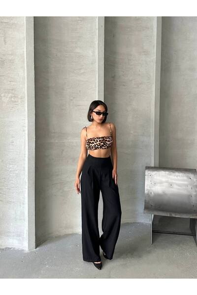 Bleu Petite Pantaloni de damă cu talie înaltă din in cu picioare largi