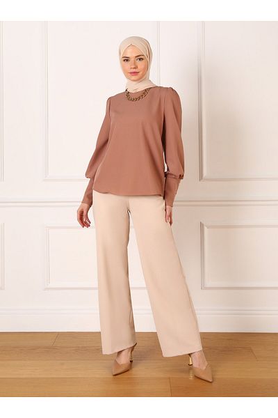 Refka Balloon Sleeve Button Detailed Stylish Blouse - Soil- Refka