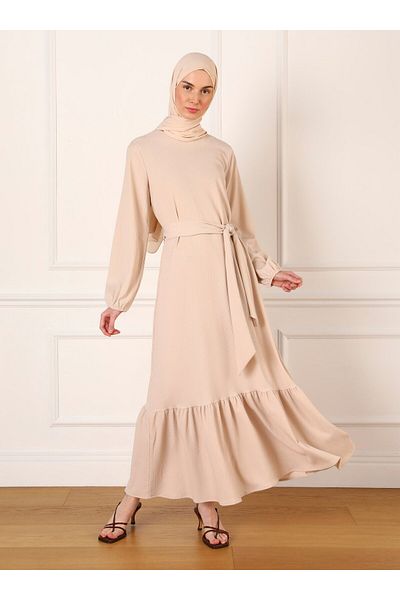 Refka Beige Balloon Sleeve Skirt Flounce Hijab Dress