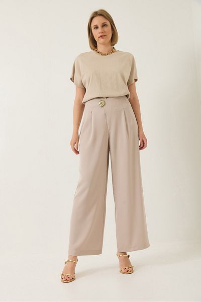 Bianco Lucci Women's High Waist Collar Detailed Accessory Hidden Zipper Loose Classic Trousers 80170 60283198