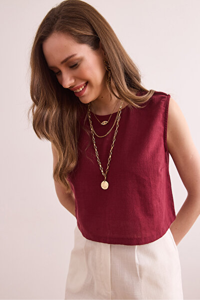 Olalook Women's Burgundy Flam Linen Crop Blouse Blz- 19002925
