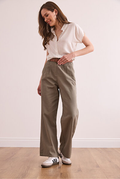 Olalook Kadın Haki Kemerli Cepli Sırtı Lastikli Gabardin Palazzo Pantolon PNT-19000327