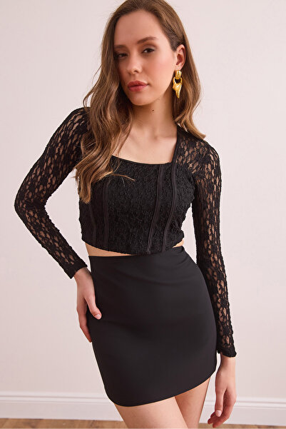 Olalook Kadın Siyah Korse Görünümlü Esnek Dantel Bluz BLZ-19002927