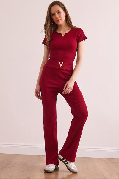 Olalook Women's Burgundy V Detailed Bottom Top Cotton Corded Suit Tkm- 19000372