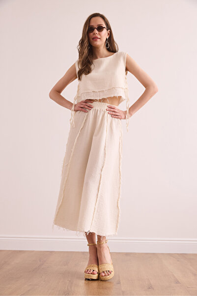 Olalook Women's Ecru Elastic Waist Dirty Stitching Muslin Skirt Etk- 19000310