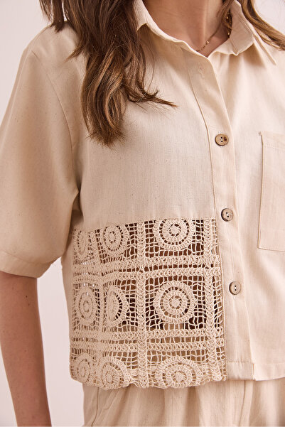 Olalook Women's Ecru Single Pocket Guipure Detailed Cotton Gabardine Shirt Gml- 19001318