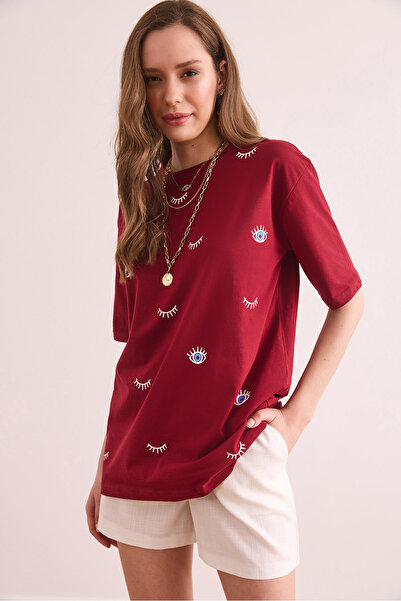 Olalook Γυναικείο μπλουζάκι με στάμπα με μπορντό μάτι TSH- 19000817