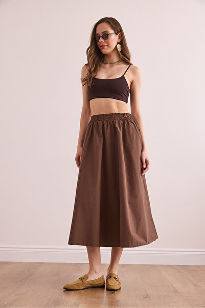 Olalook Kadın Kahverengi Beli Lastikli Paraşüt Çan Etek ETK-19000280