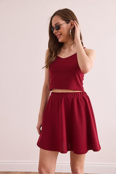 Olalook Women's Burgundy Skirt Blouse Textured Suit Tkm- 19000373