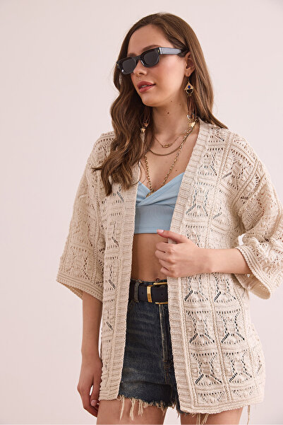 Olalook Kadın Ekru Kare Ponponlu Ajurlu Mevsimlik Hırka HRK-19000353