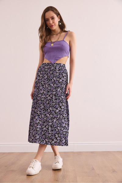 Olalook Women's Black Lilac Elastic Waist Patterned Long Skirt Etk- 19000259