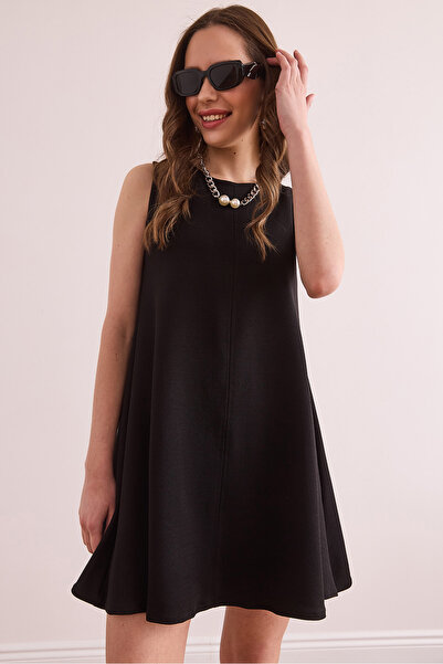 Olalook Women's Black Front Stitched Back Zipper Mini Crepe Bell Dress Elb- 19002378