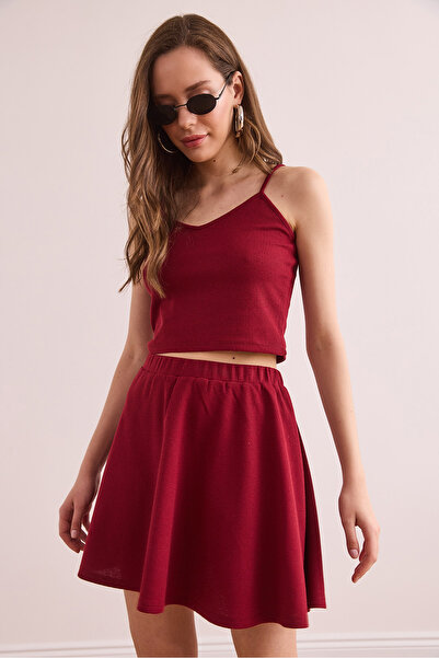 Olalook Women's Burgundy Skirt Blouse Textured Suit Tkm- 19000373